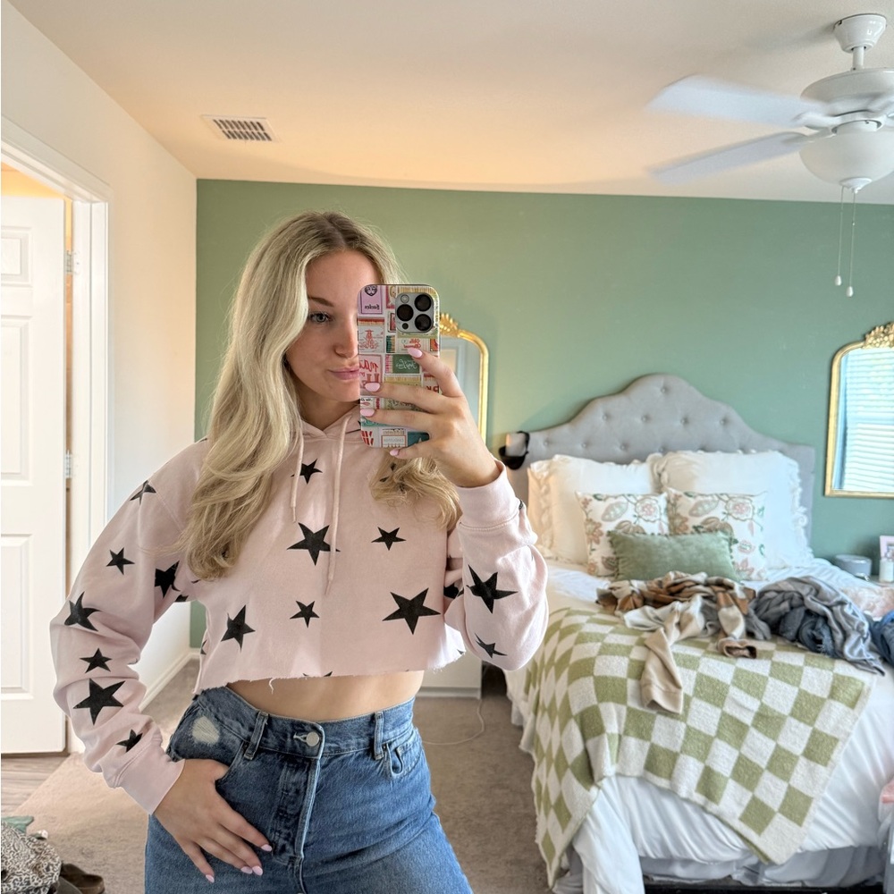 Pink Star Print Cropped Hoodie